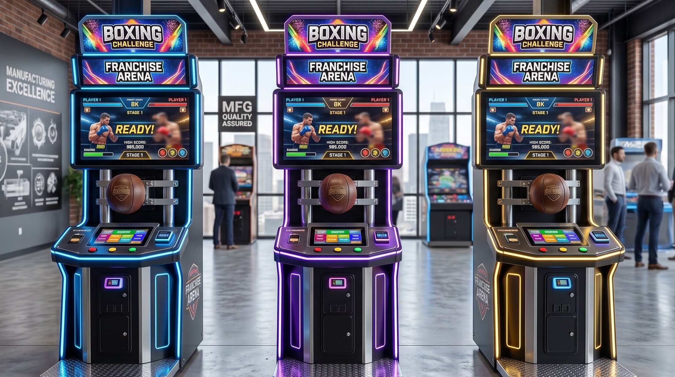 custom-branded arcade boxing machines inside a bright custom-branded arcade boxing machines inside a bright