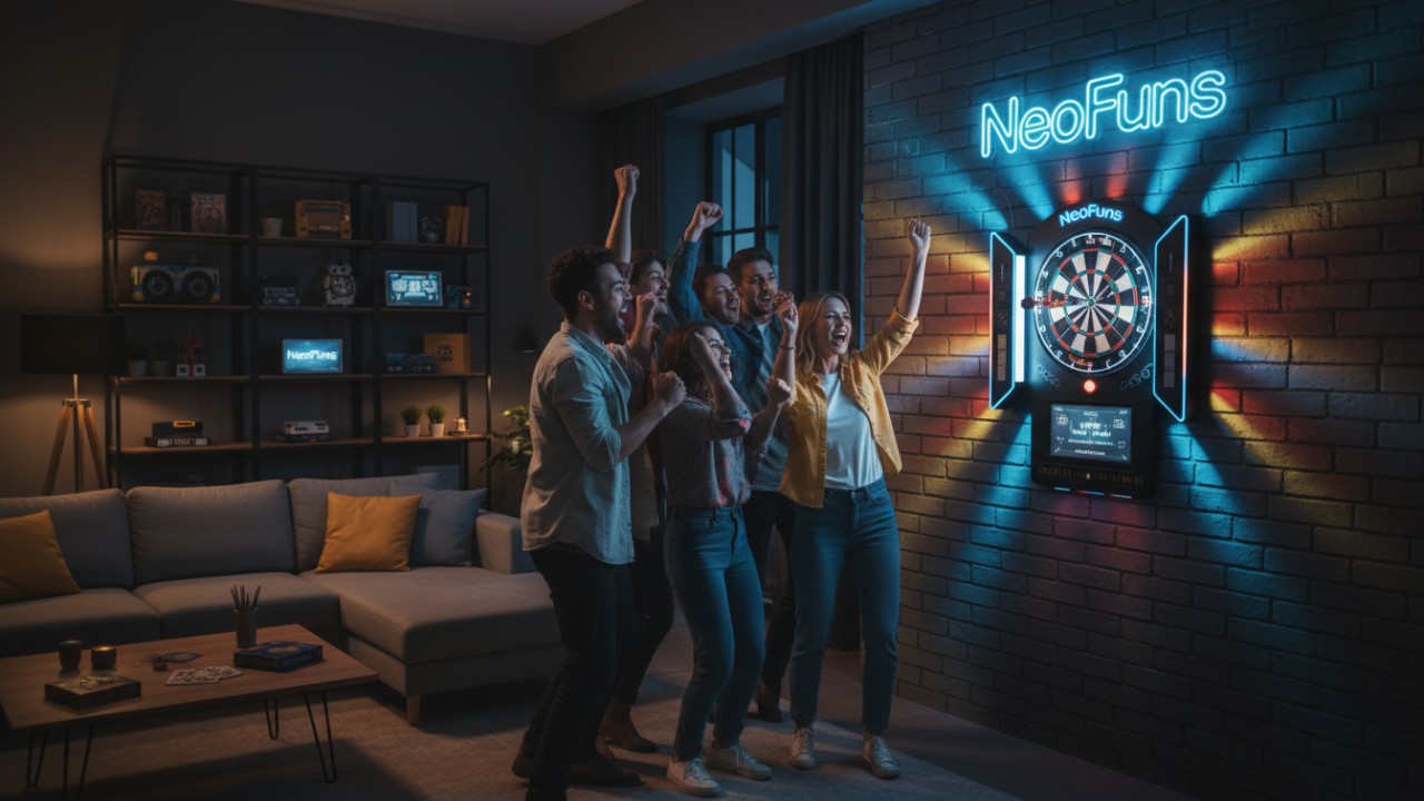 Friends playing on a bright NeoFuns electronic dart board in a well-lit game room with a NeoFuns neon sign in the background.
