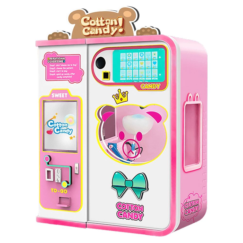 NewFuns - manual de la máquina expendedora de algodón de azúcar NewFuns - Máquina expendedora de algodón de azúcar de color rosa con diseño de oso de dibujos animados.