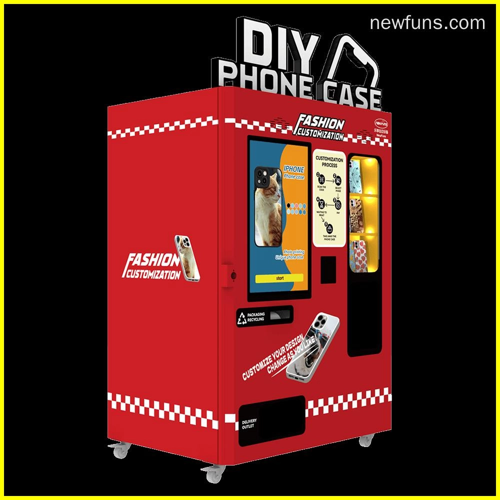 Red DIY phone case vending machine with a touchscreen interface and various phone case design options.