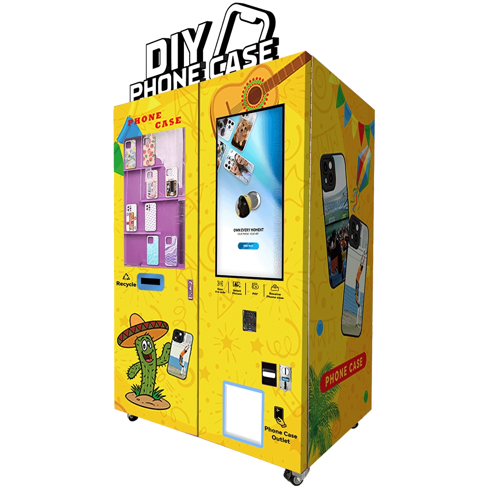 NewFuns - Distributeur automatique qui personnalise et distribue des coques de téléphone, avec un design jaune vif avec des illustrations sur le thème mexicain et un affichage numérique.