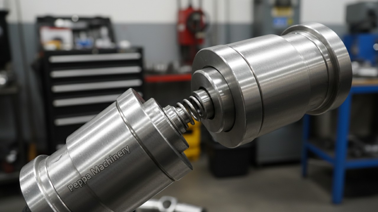 A close-up view of a stainless steel Peppa Machinery hydraulic coupler showing precision engineering and internal valve details.