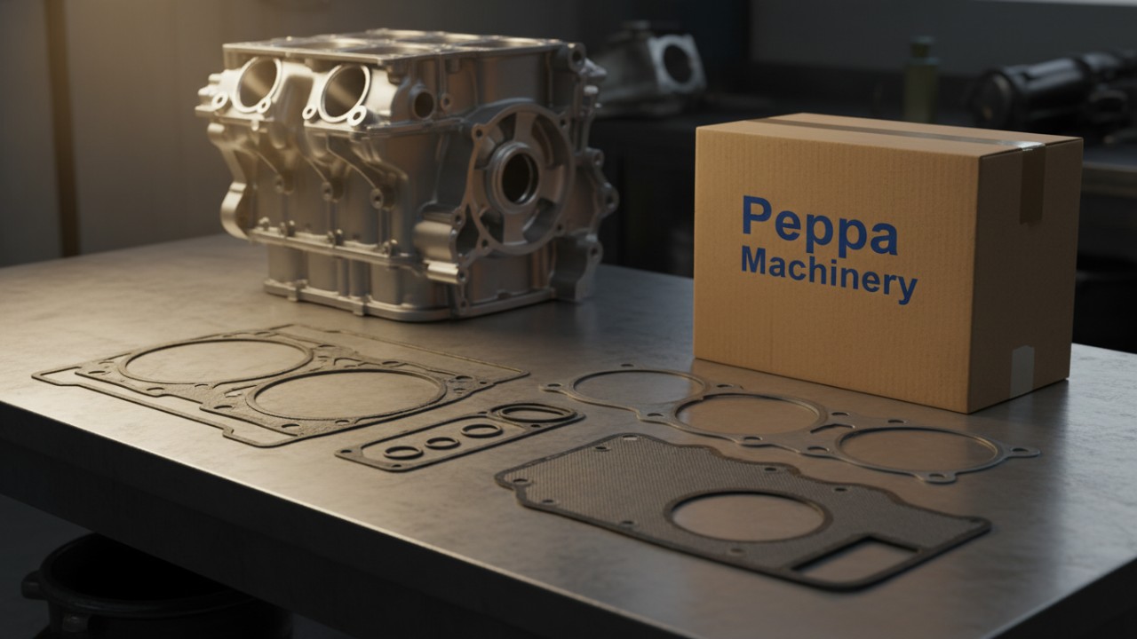 A complete engine overhaul gasket set arranged on a workbench with Peppa Machinery branding on the packaging.