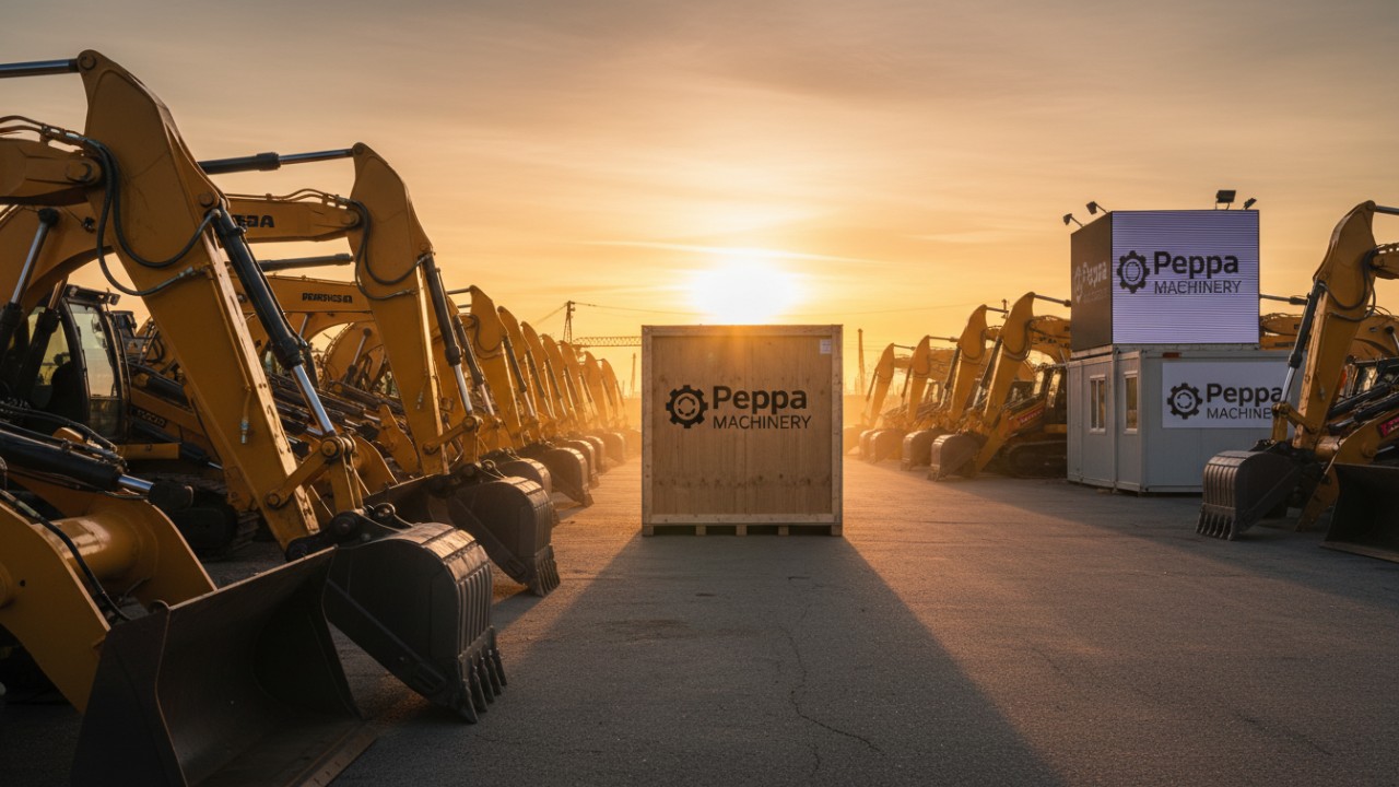 A construction site at dawn with heavy machinery and a Peppa Machinery shipping crate.