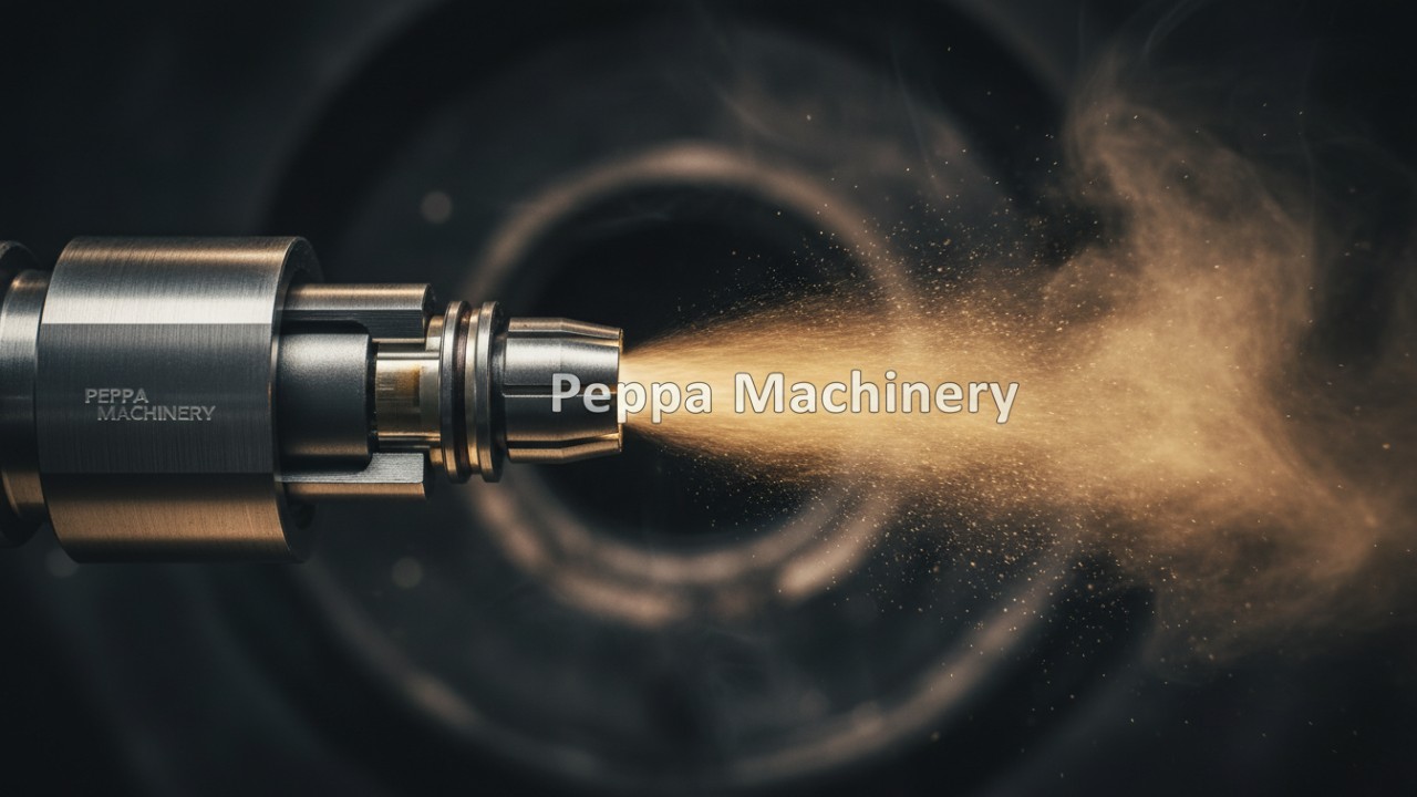 A detailed 3D cross-section of a nozzle diesel injector from Peppa Machinery showing fuel atomization
