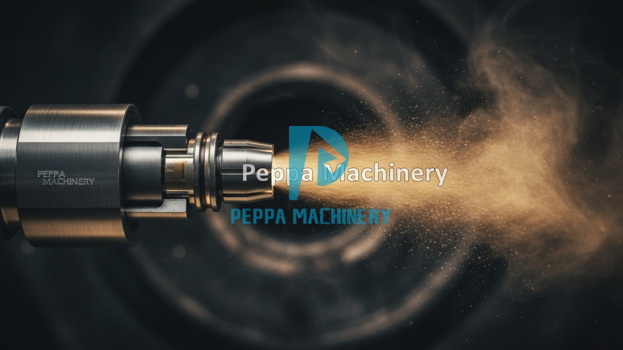 A detailed 3D cross-section of a nozzle diesel injector from Peppa Machinery showing fuel atomization
