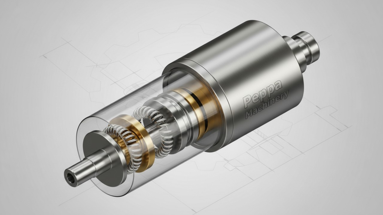 A detailed 3D cutaway illustration of a fuel injection pump showing internal parts with the Peppa Machinery brand name on the casing.