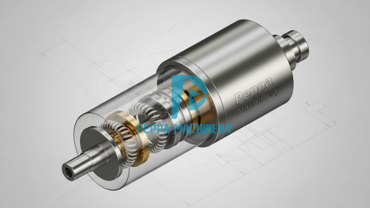 A detailed 3D cutaway illustration of a fuel injection pump showing internal parts with the Peppa Machinery brand name on the casing.