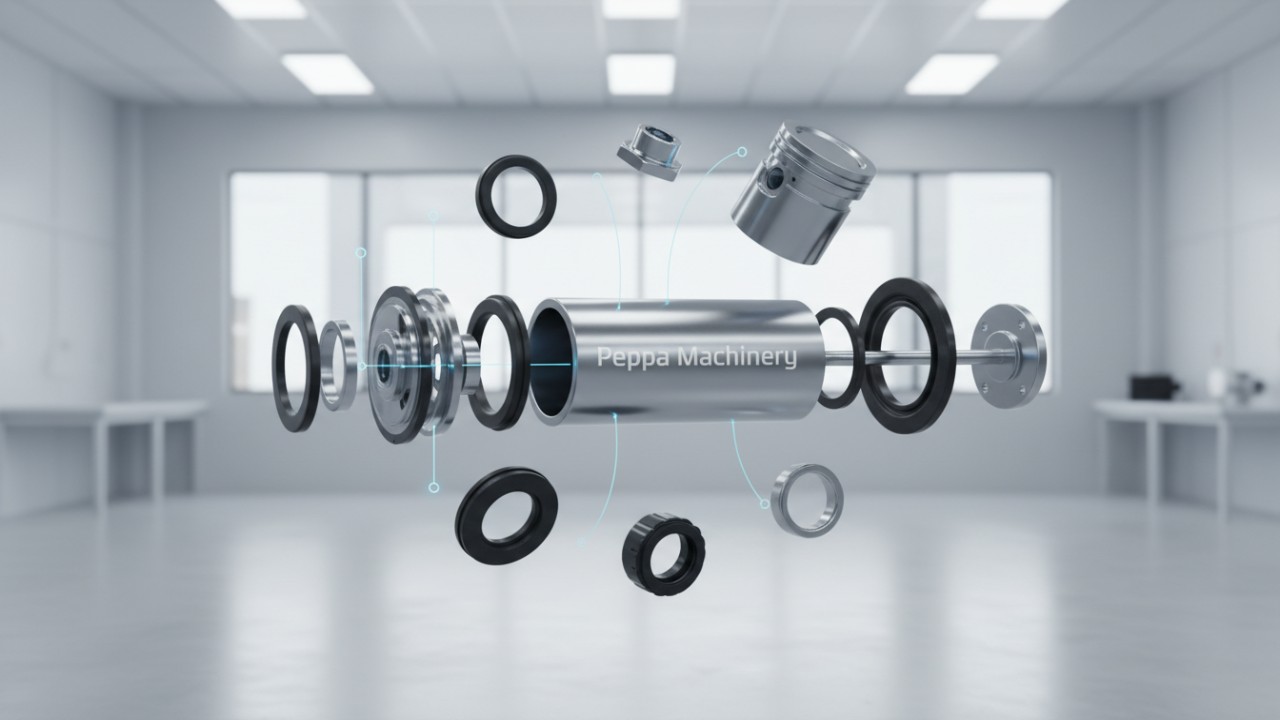 A detailed 3D exploded view of hydraulic cylinder components including the piston and rod with Peppa Machinery branding.