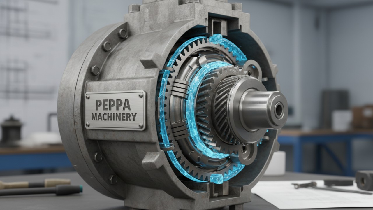 A detailed 3D technical cutaway of a hydraulic drive motor showing internal components and fluid flow with the Peppa Machinery brand name on its casing.