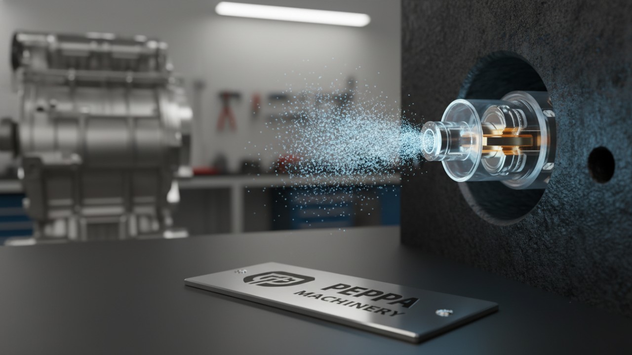 A detailed 3D technical illustration of a Cummins diesel fuel injector nozzle spraying a fine mist of fuel with the Peppa Machinery brand name engraved on a plate.