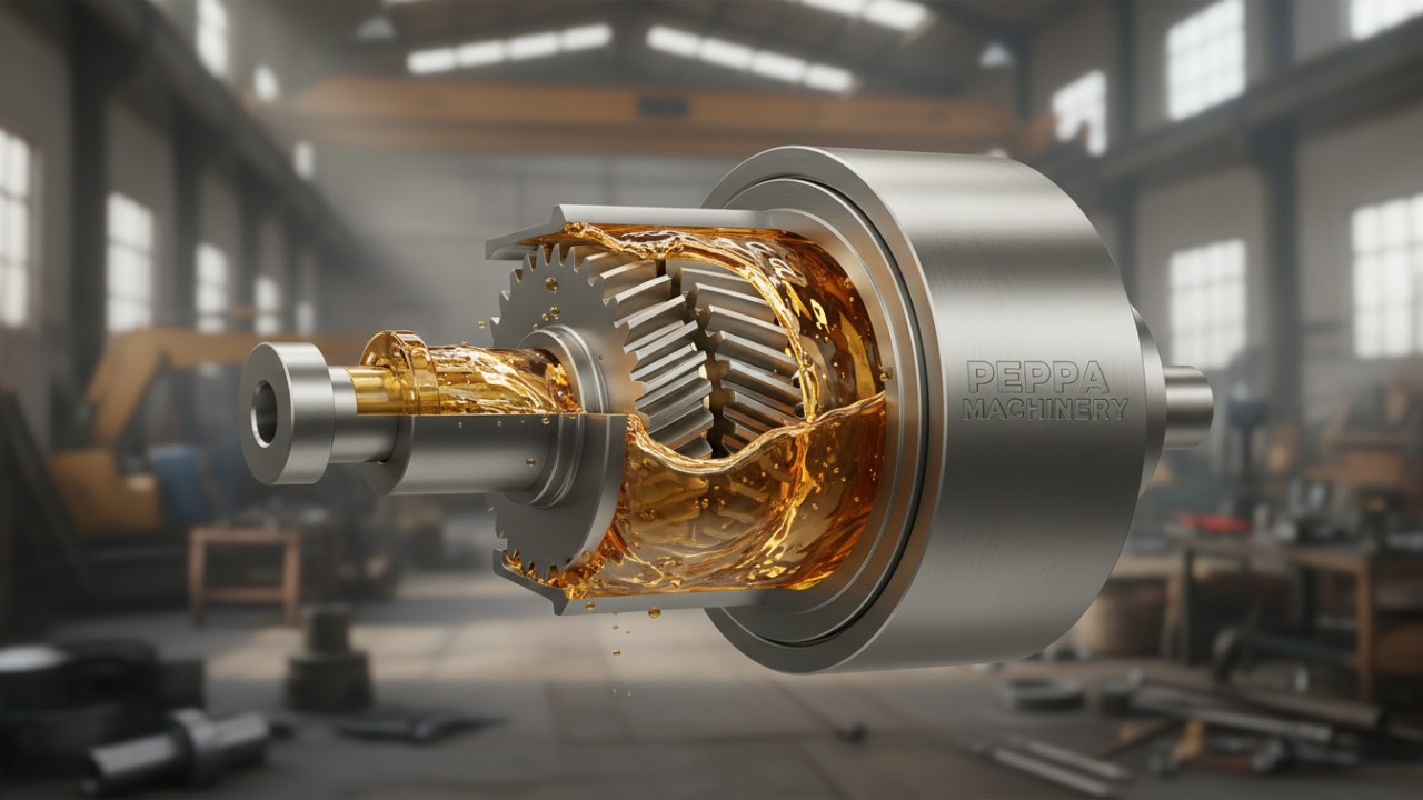 A detailed technical cutaway illustration of an excavator oil pump with Peppa Machinery branding showing internal oil circulation.