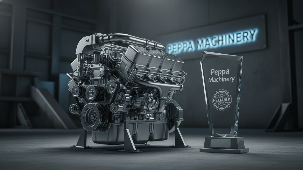 A finished high-performance engine standing next to a Peppa Machinery quality assurance plaque.