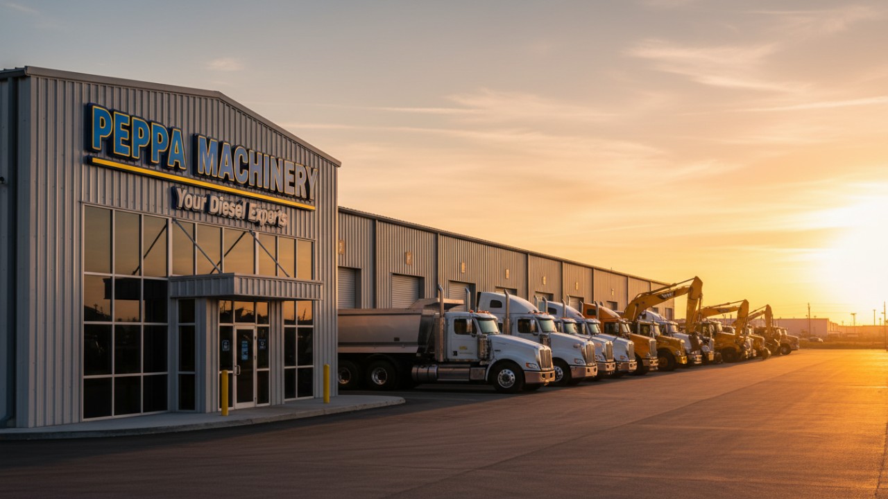 A fleet of heavy-duty vehicles parked in front of a Peppa Machinery warehouse at sunset
