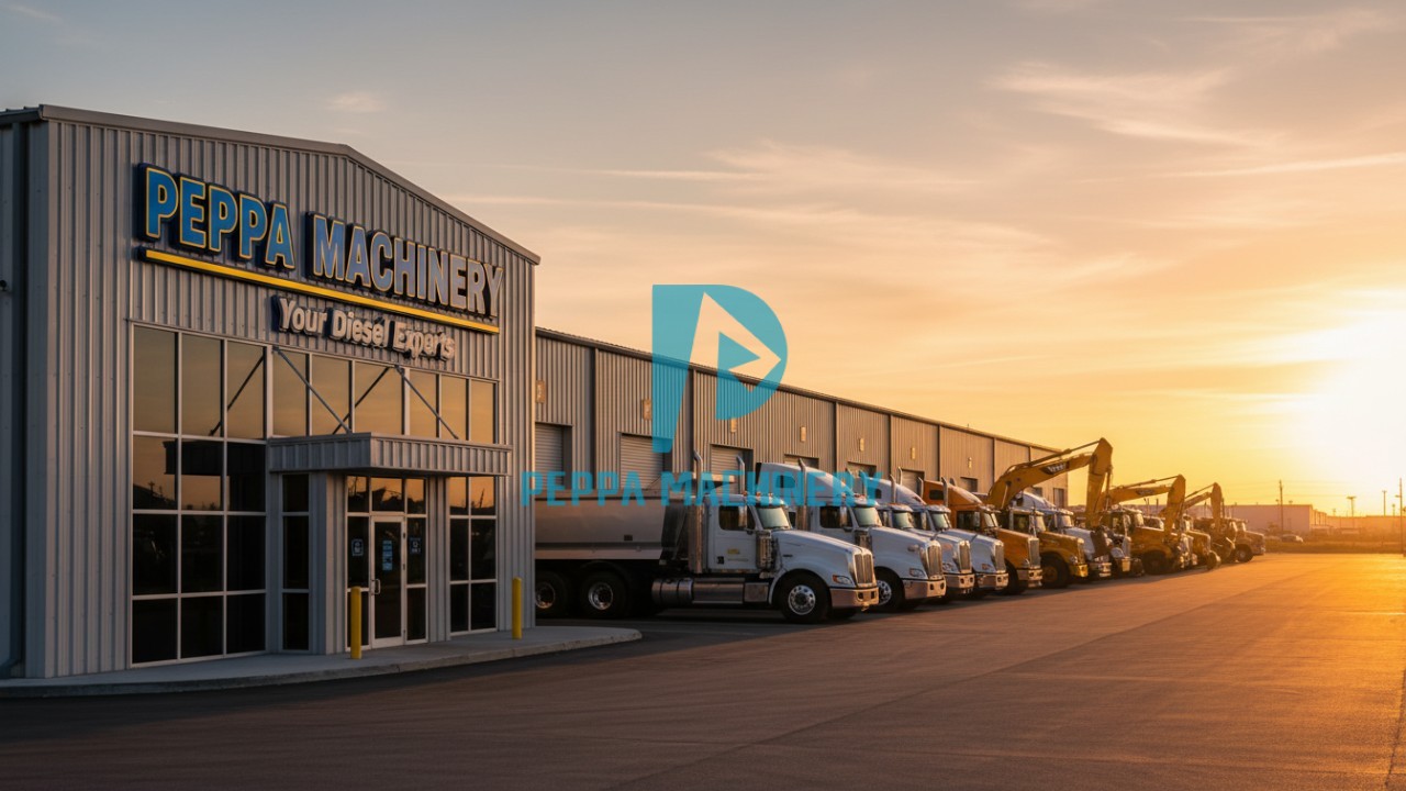 A fleet of heavy-duty vehicles parked in front of a Peppa Machinery warehouse at sunset