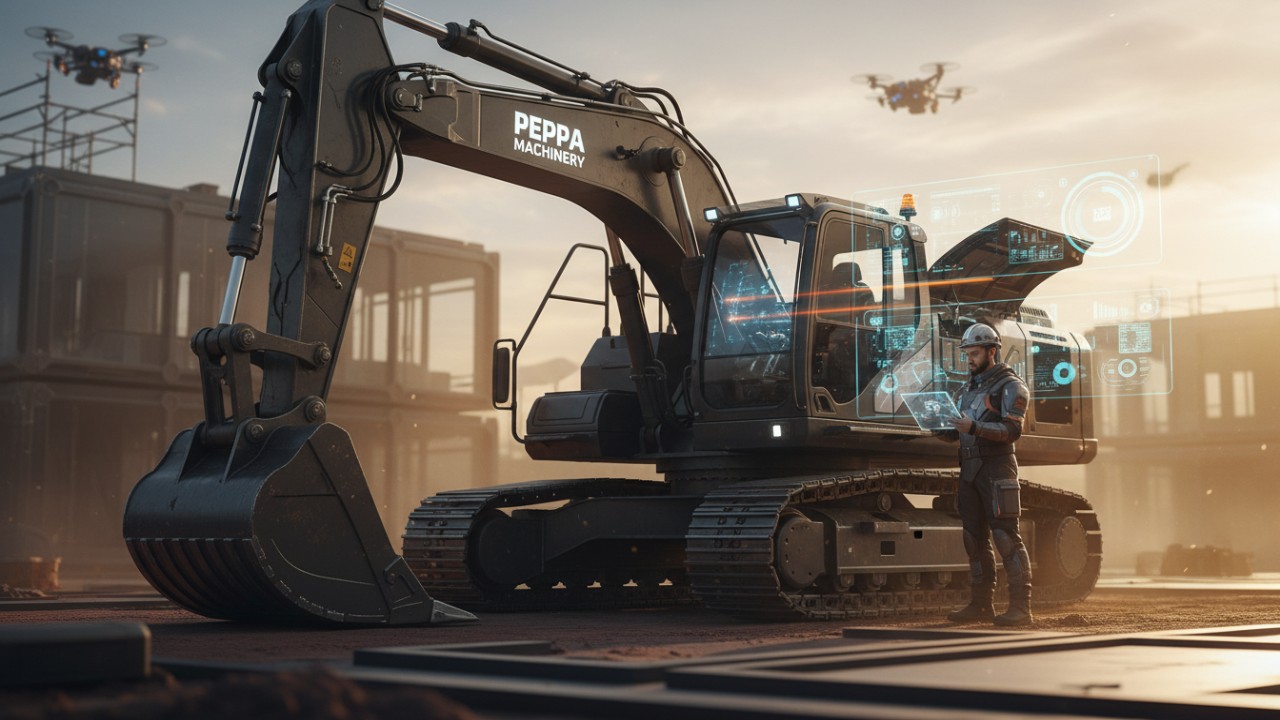 A futuristic construction scene showing a technician using smart diagnostics on heavy machinery labeled Peppa Machinery.