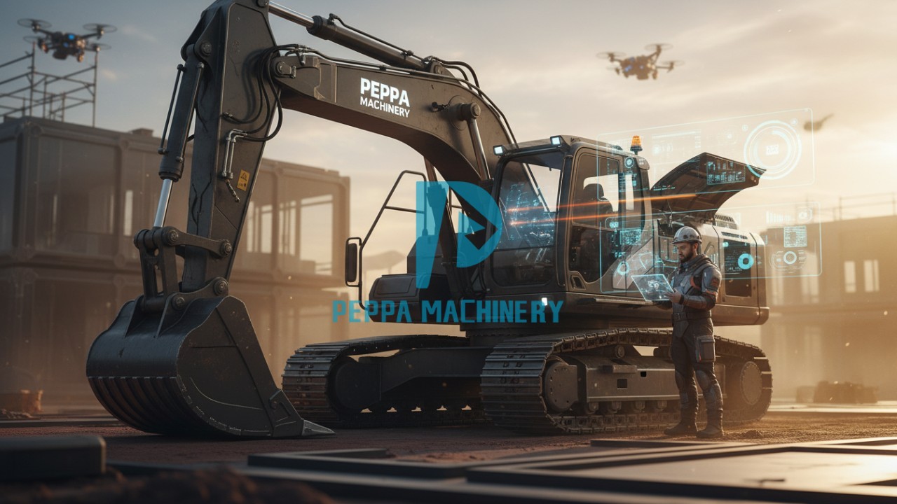 A futuristic construction scene showing a technician using smart diagnostics on heavy machinery labeled Peppa Machinery.