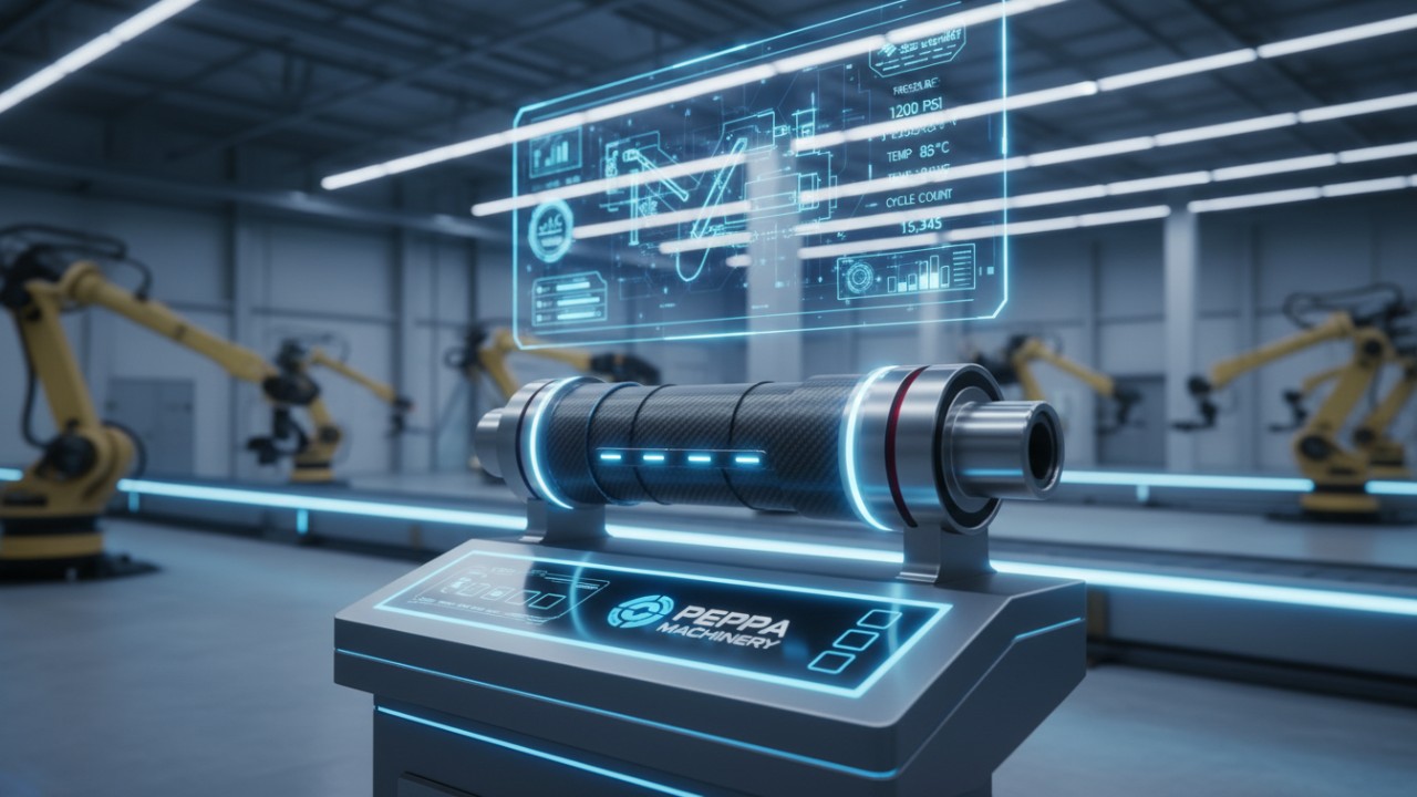 A futuristic smart hydraulic cylinder with digital sensors and a Peppa Machinery control interface.