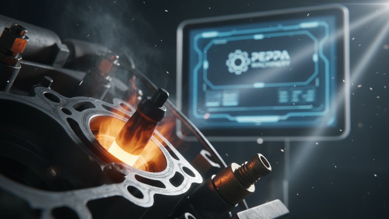 A glowing diesel engine heating element with the Peppa Machinery brand visible on a nearby digital screen.