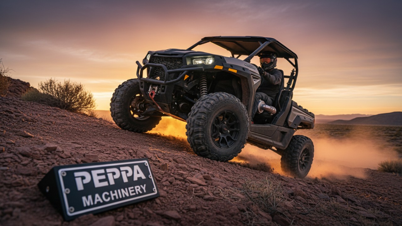 A high-performance vehicle equipped with a turbocharger climbing a hill with a Peppa Machinery badge visible on the side.