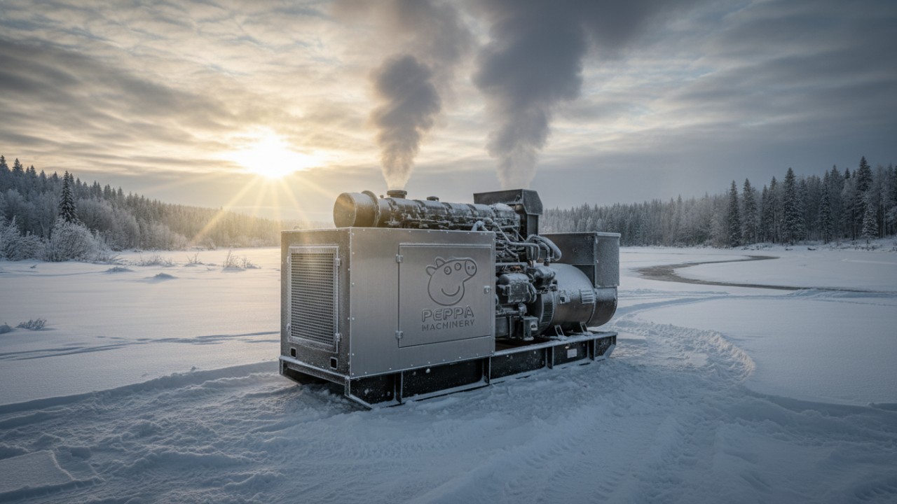 A large industrial generator with the Peppa Machinery logo standing in a snowy environment under a rising sun.