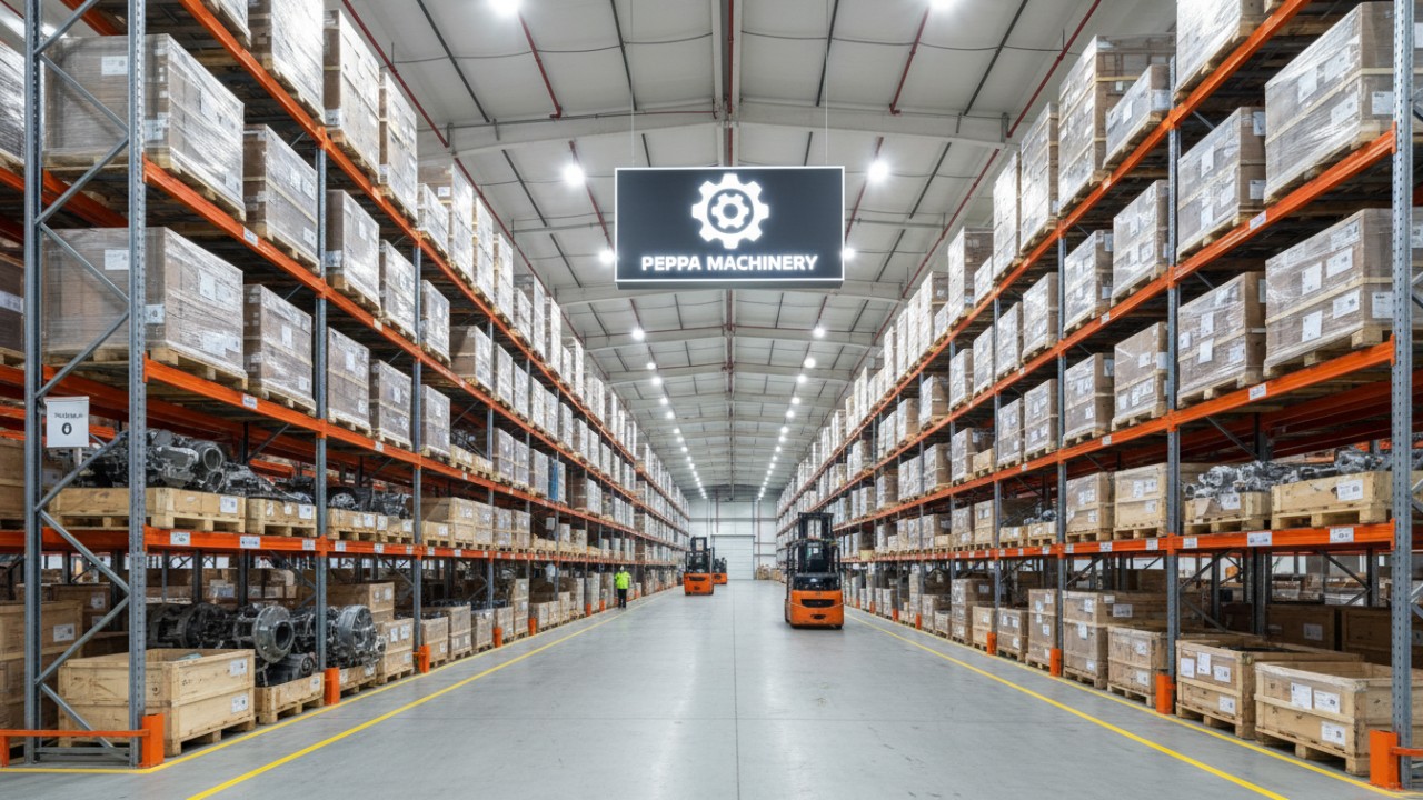 A large industrial warehouse for machinery parts featuring a prominent Peppa Machinery sign hanging from the ceiling.
