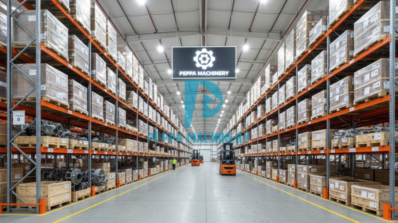 A large industrial warehouse for machinery parts featuring a prominent Peppa Machinery sign hanging from the ceiling.