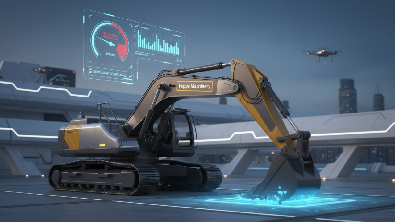 A modern Peppa Machinery excavator on a job site with digital overlays representing 2026 performance and environmental standards.