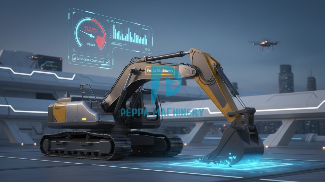 A modern Peppa Machinery excavator on a job site with digital overlays representing 2026 performance and environmental standards.