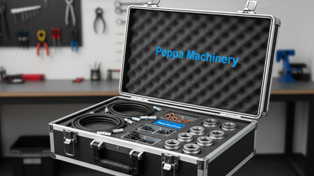 A professional Peppa Machinery hydraulic tool kit containing couplers and hoses, symbolizing reliability and maintenance excellence.