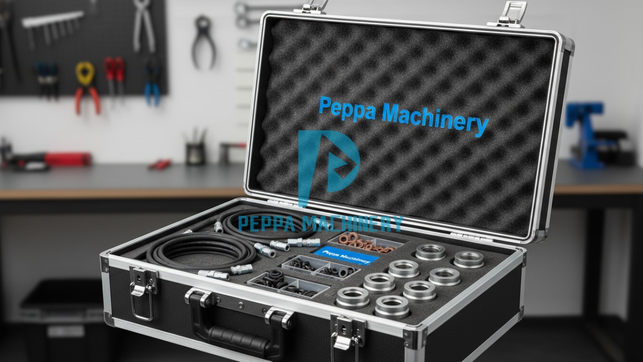A professional Peppa Machinery hydraulic tool kit containing couplers and hoses, symbolizing reliability and maintenance excellence.