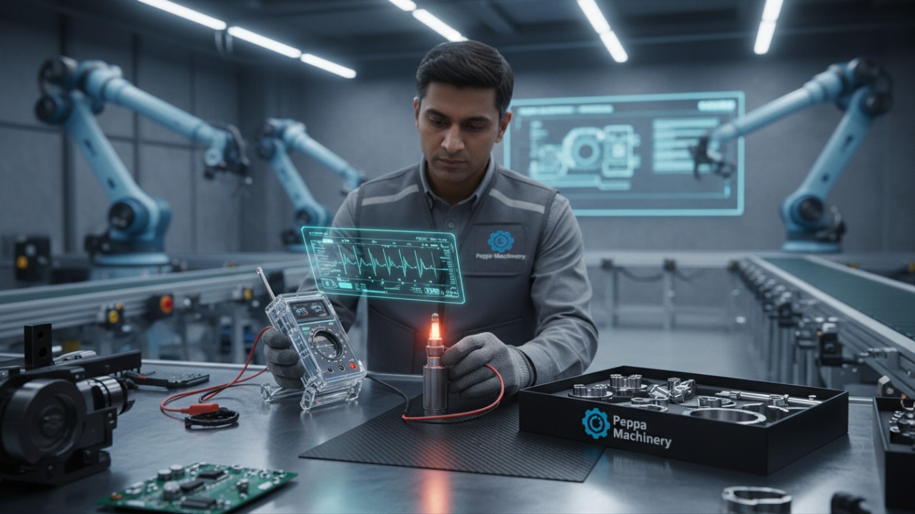 A professional technician wearing a Peppa Machinery vest performing maintenance on advanced engine components in a high-tech workshop.