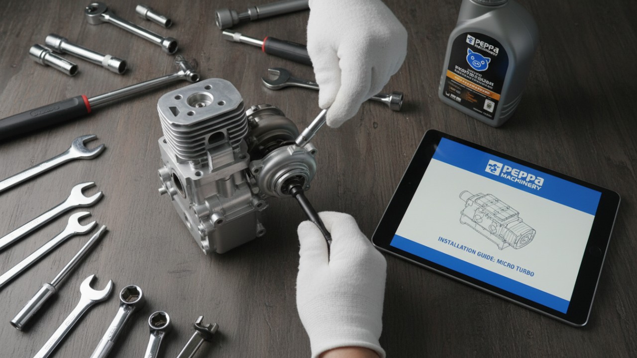 A professional workbench setup for a turbocharger installation featuring tools and a Peppa Machinery technical guide.