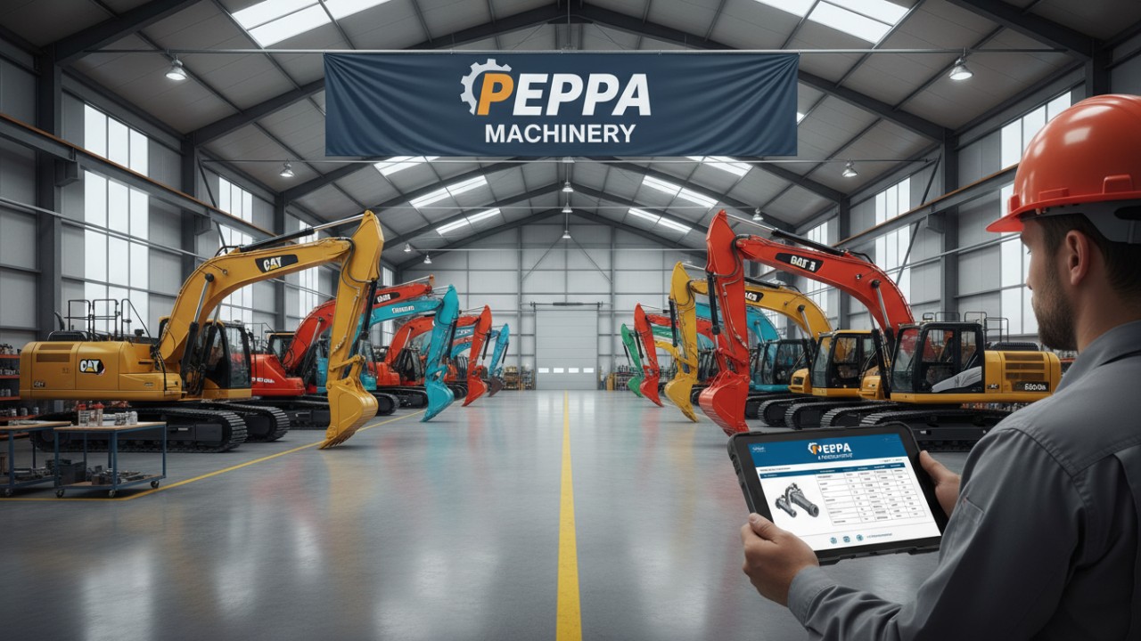 A warehouse scene showing multiple excavator brands with a digital compatibility chart and Peppa Machinery signage.