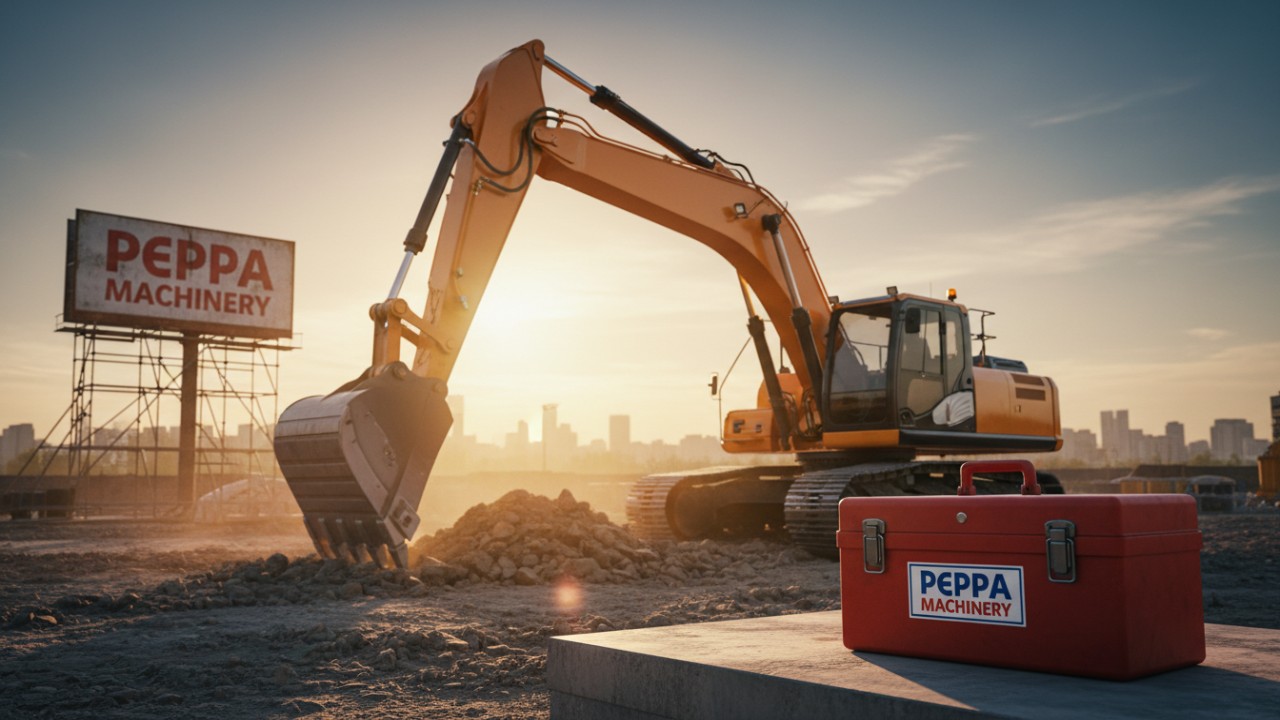 A well-maintained excavator working at a construction site during sunset with a Peppa Machinery logo on a nearby toolbox.