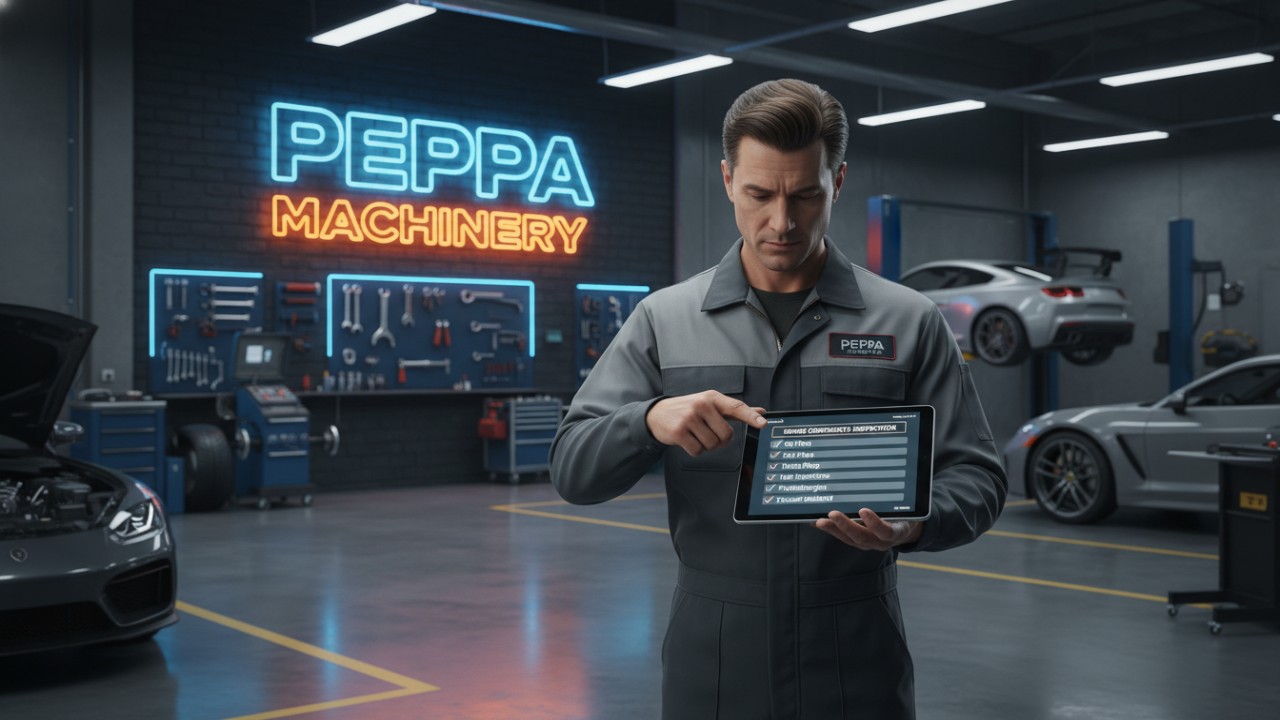 An expert mechanic reviewing a gasket selection checklist on a tablet in a garage with a Peppa Machinery sign.