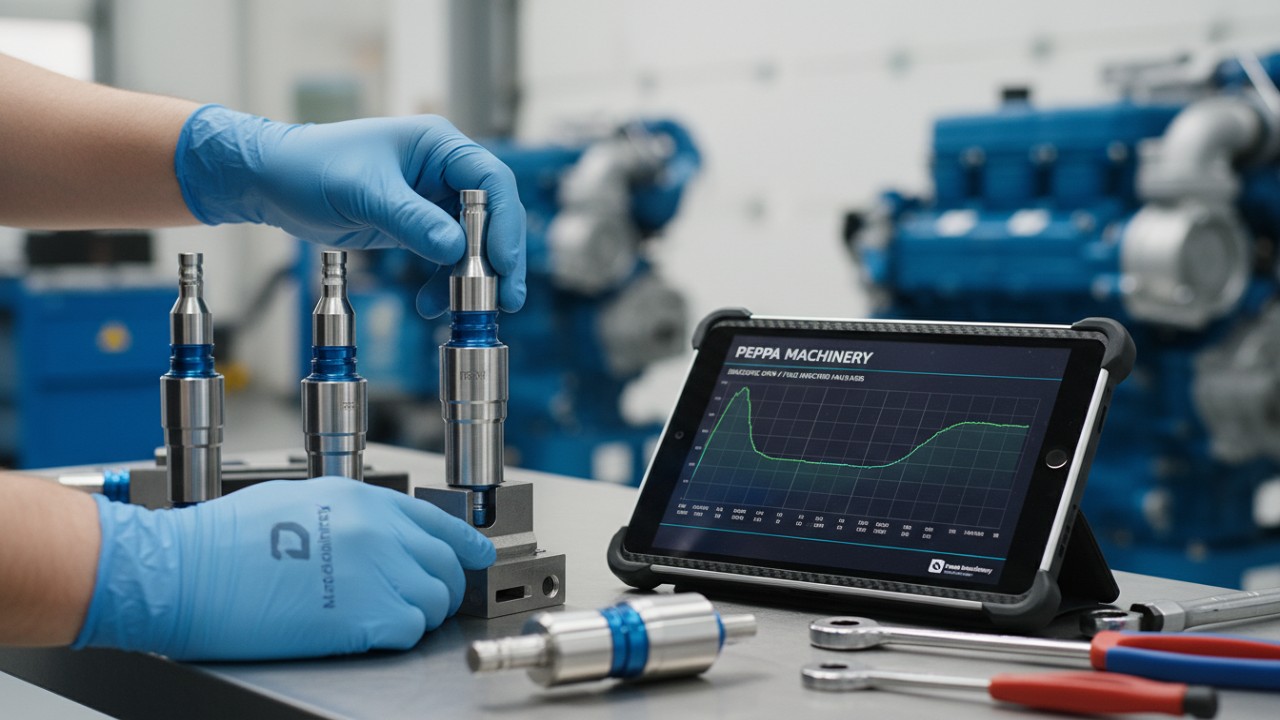 Performance diesel nozzles on a workbench with a digital display showing the Peppa Machinery brand