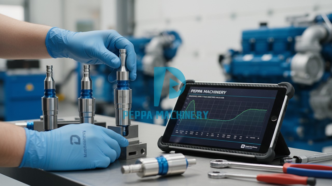 Performance diesel nozzles on a workbench with a digital display showing the Peppa Machinery brand