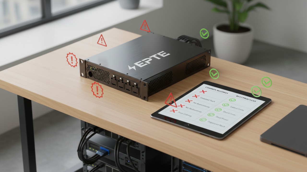 3D illustration of a workstation comparing PDU specifications with a checklist, featuring an EPTE branded power distribution unit.