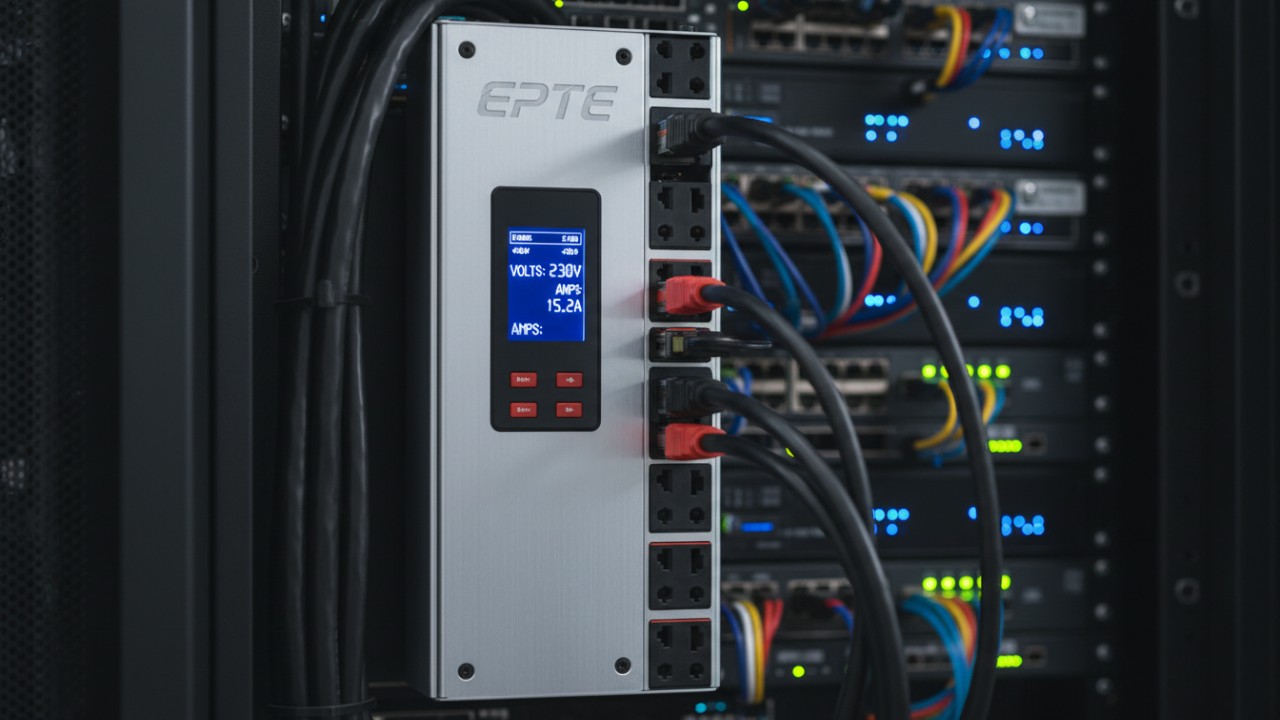 A close up 3D render of an EPTE metered rack PDU with a glowing digital display showing power metrics in a server room.