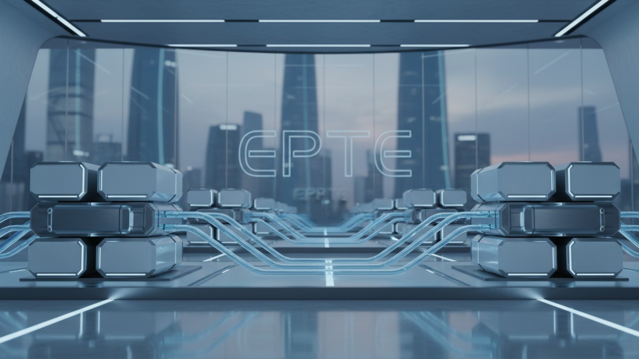 A conceptual image of a futuristic and efficient power infrastructure for 2026 featuring the EPTE brand name