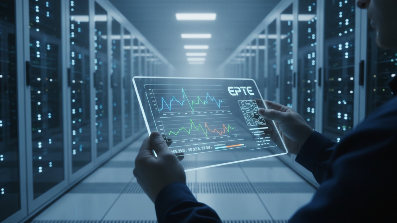 A digital dashboard on a tablet showing real-time power metrics in a high-density server room with the EPTE brand logo