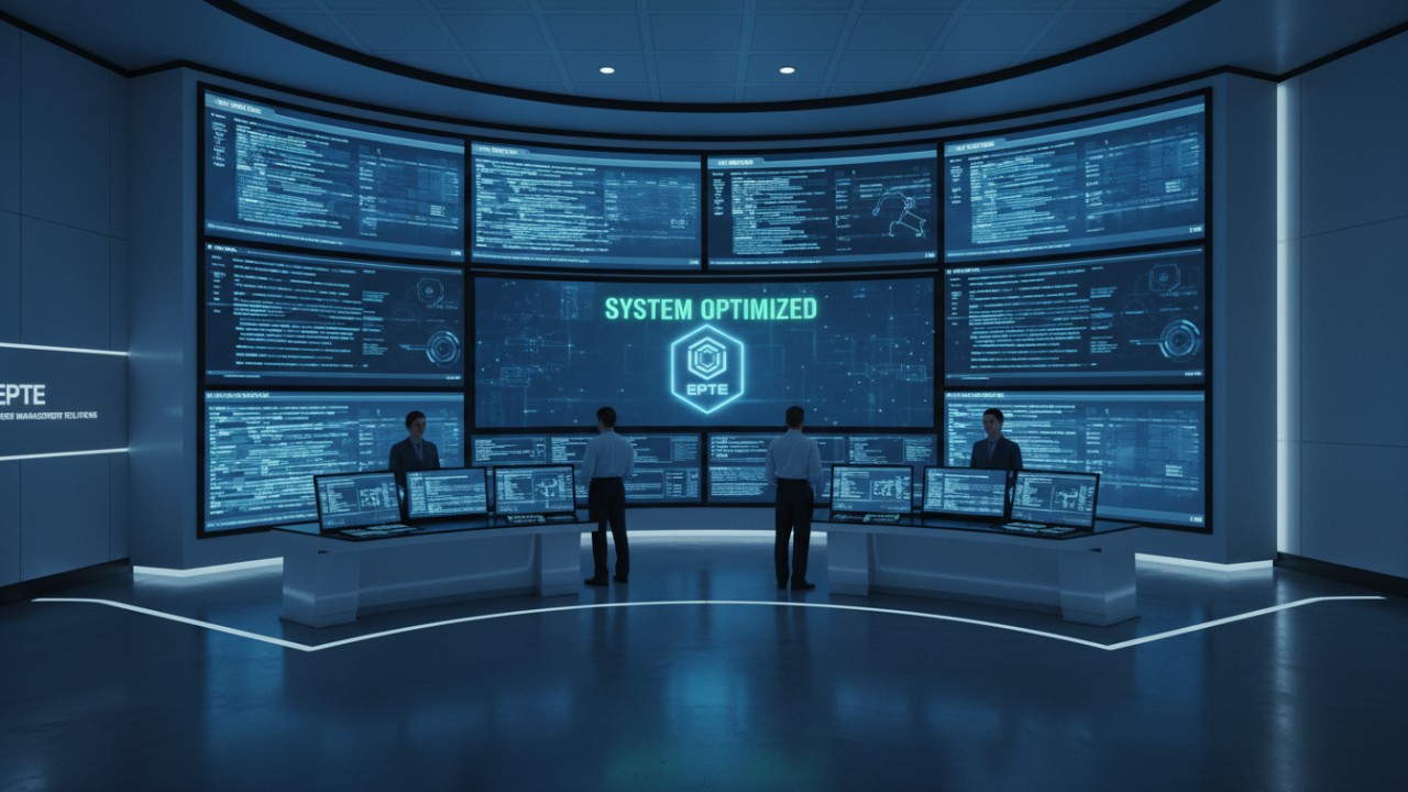 A futuristic control room showing a system status screen with the EPTE brand logo representing reliable and efficient power infrastructure.