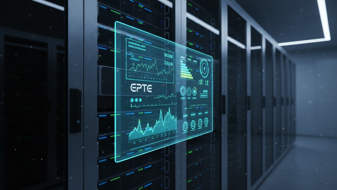 A futuristic data center rack with an EPTE intelligent PDU and a holographic management interface.