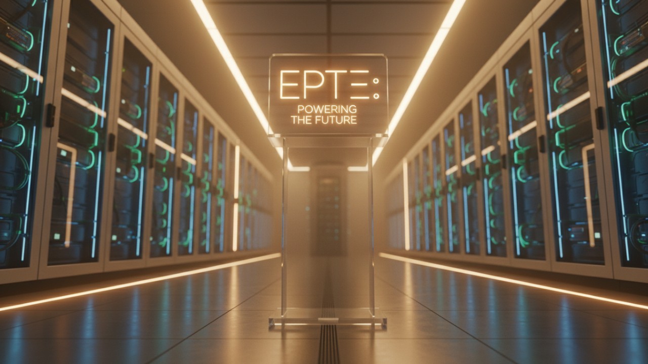 A futuristic data center with a glowing sign that reads EPTE Powering the Future representing a successful infrastructure setup.