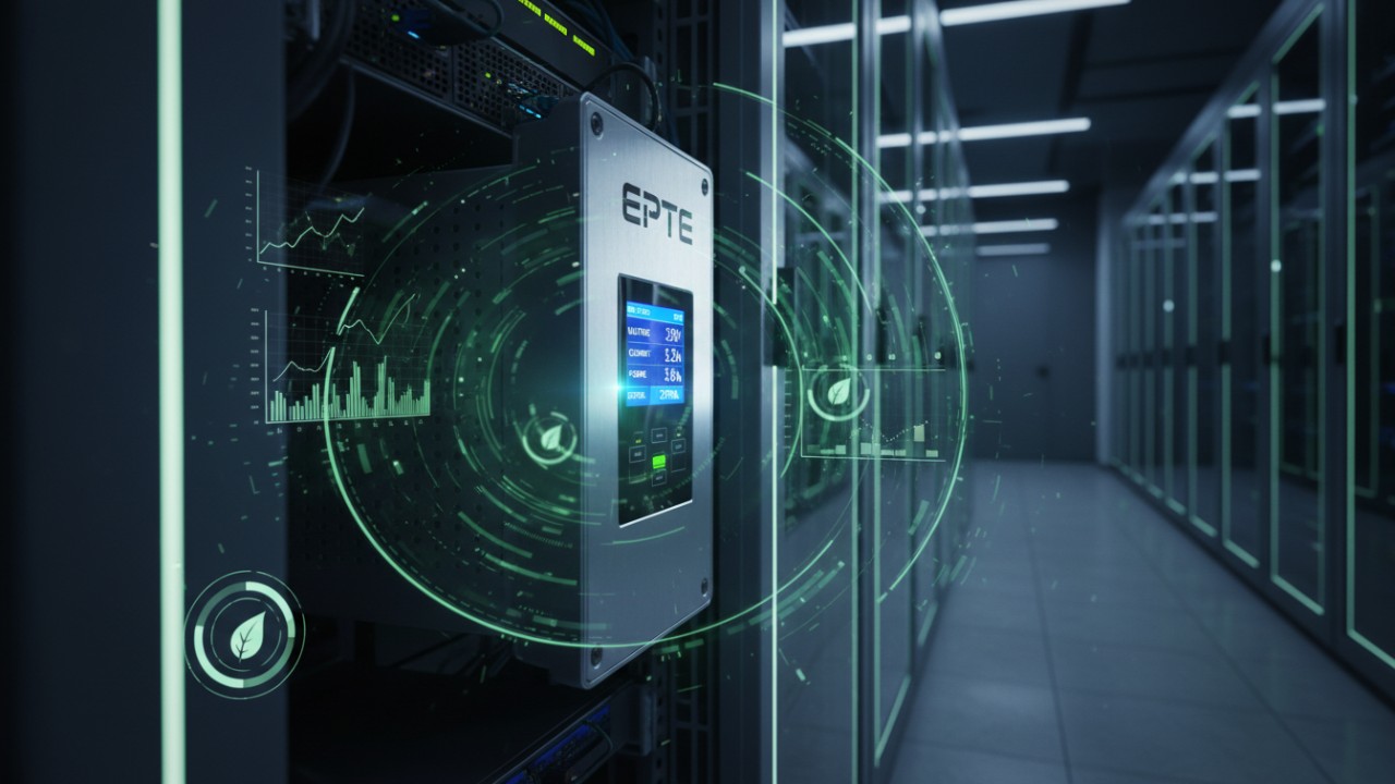 A high tech server rack featuring an EPTE branded intelligent PDU with digital power monitoring displays and holographic data overlays.