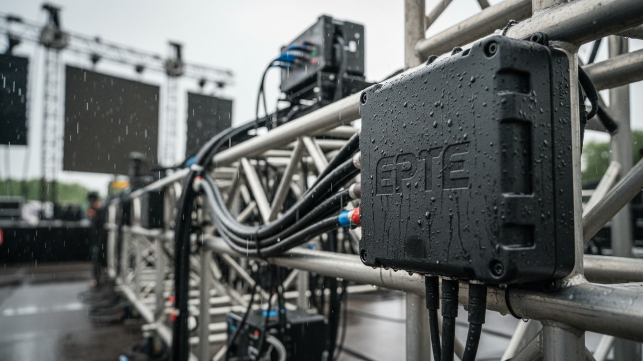 A rugged waterproof EPTE power distribution unit mounted at an outdoor event with water droplets on its surface