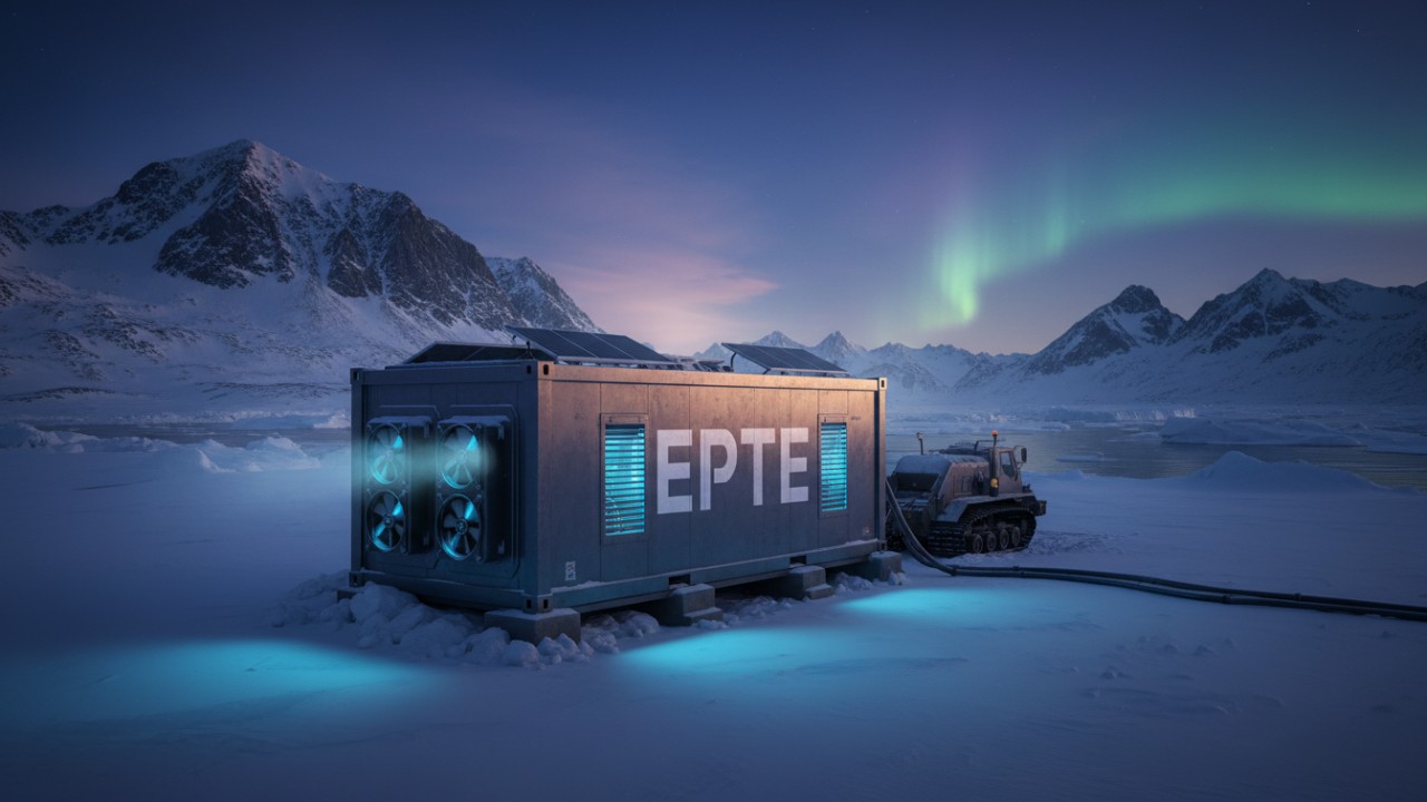 A ruggedized mobile data center container branded with the EPTE logo located in a harsh snowy arctic environment.