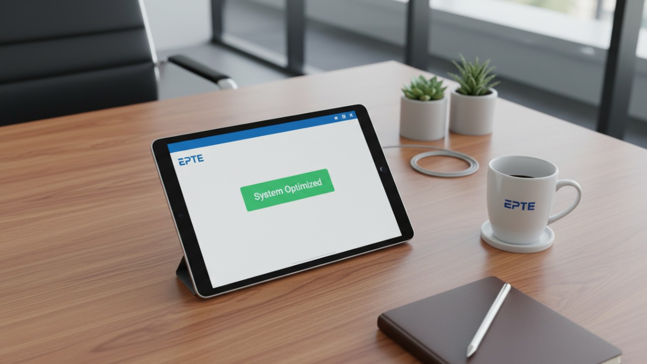 A tablet on a desk showing an optimized data center power dashboard with the EPTE logo.