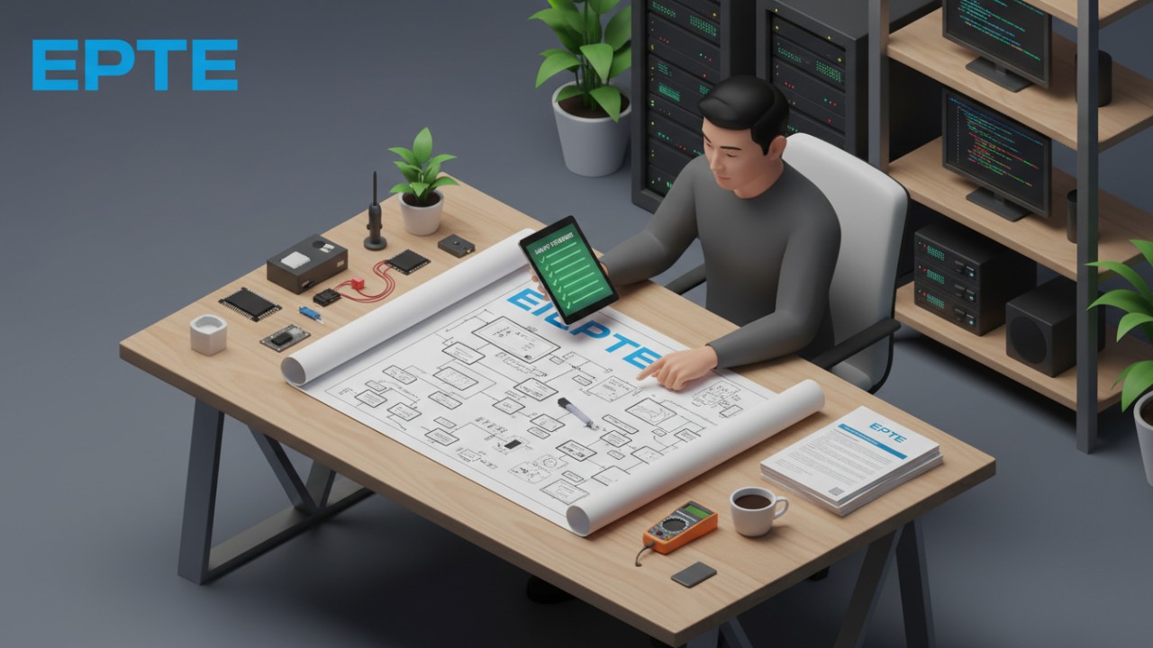 A technical engineer reviewing power distribution specifications on a document with the EPTE brand logo to avoid selection mistakes.